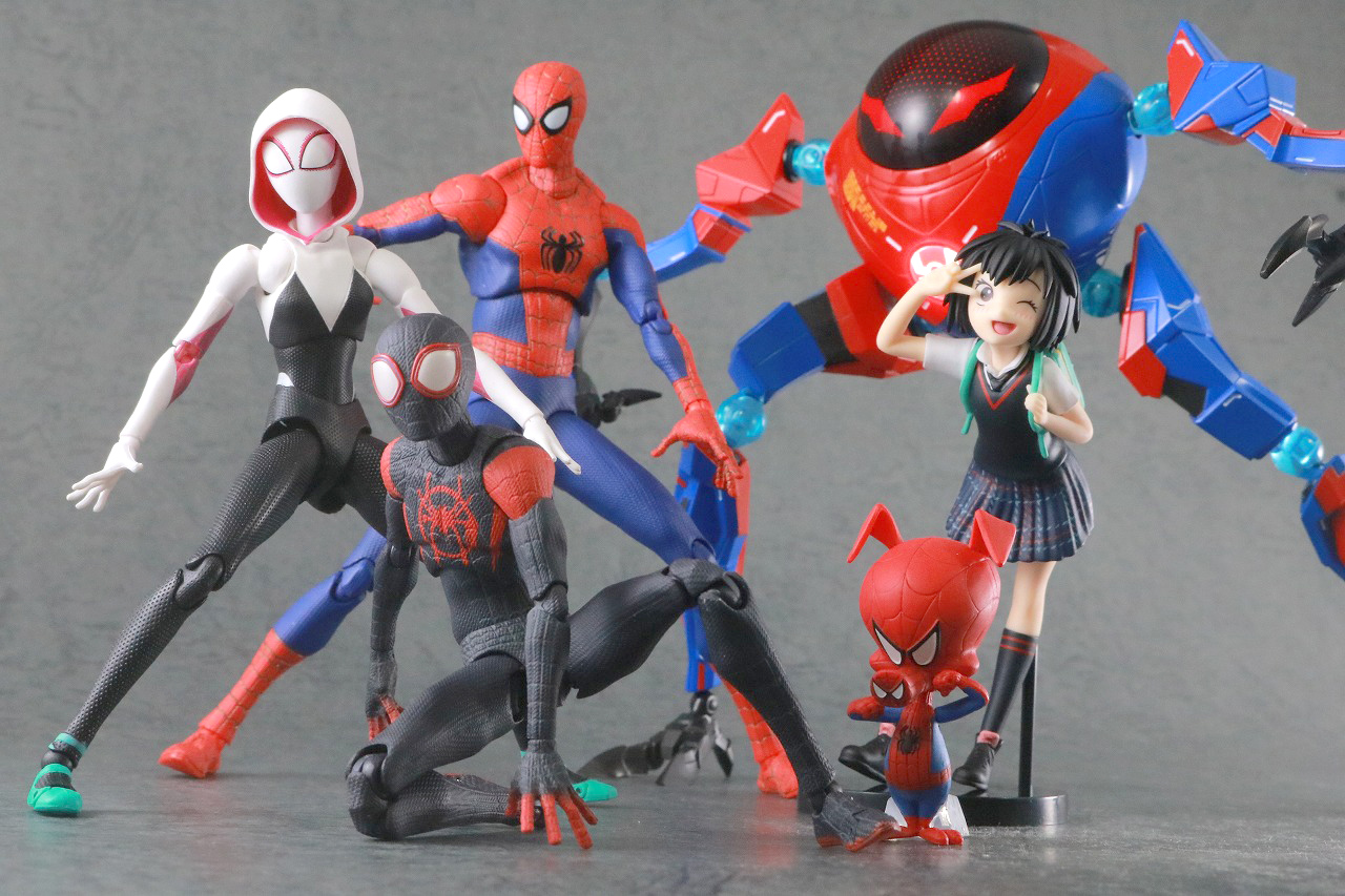 千値練　SVアクション　ペニー・パーカー　SP//dr　スパイダーマン　スパイダーバース　レビュー　アクション　マイルス・モラレス　ピーター・B・パーカー　MAFEX　スパイダー・グウェン　スパイダーハム